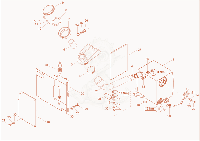 Exploded parts diagram of the fuel tank of a Wacker Neuson 1403RD, with numbered balloons