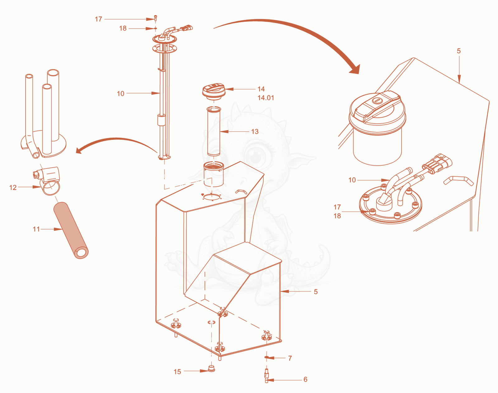 Exploded parts diagram of the fuel system of a Wacker Neuson RD45-140CDPF, with numbered balloons