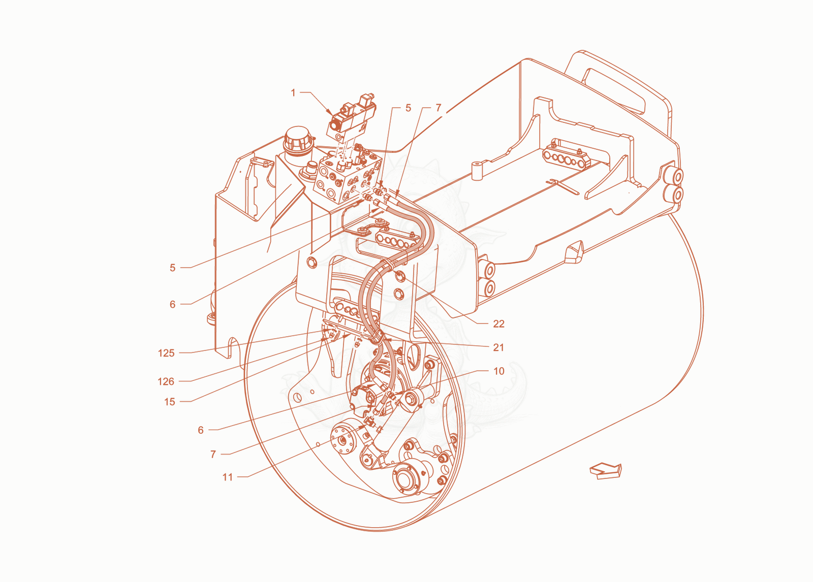 Exploded parts diagram of the edge pressing and cuttingdevice of a Wacker Neuson RD45-140CDPF, with numbered balloons