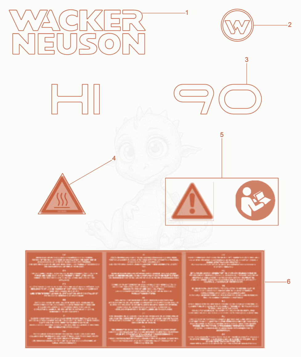 Exploded parts diagram of the Labels of a Wacker Neuson HI90, with numbered balloons