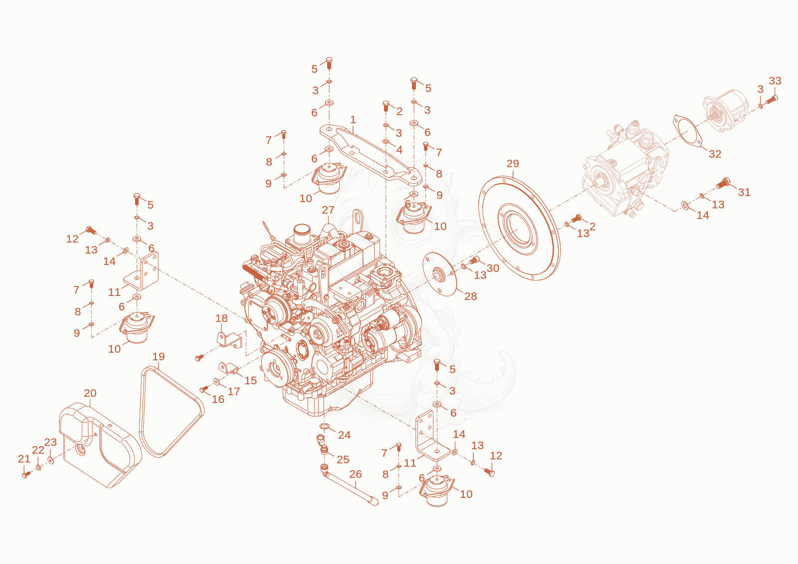 Exploded parts diagram of the Engine attachments parts of a Wacker Neuson TH412, with numbered balloons