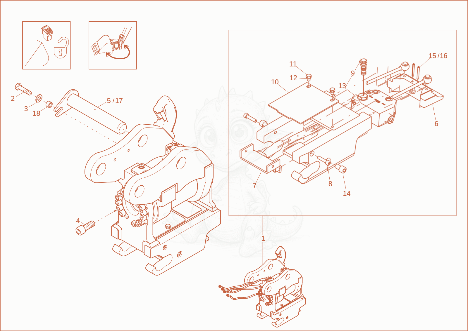 Exploded parts diagram of the quick hitch (option) of a Wacker Neuson EZ26, with numbered balloons