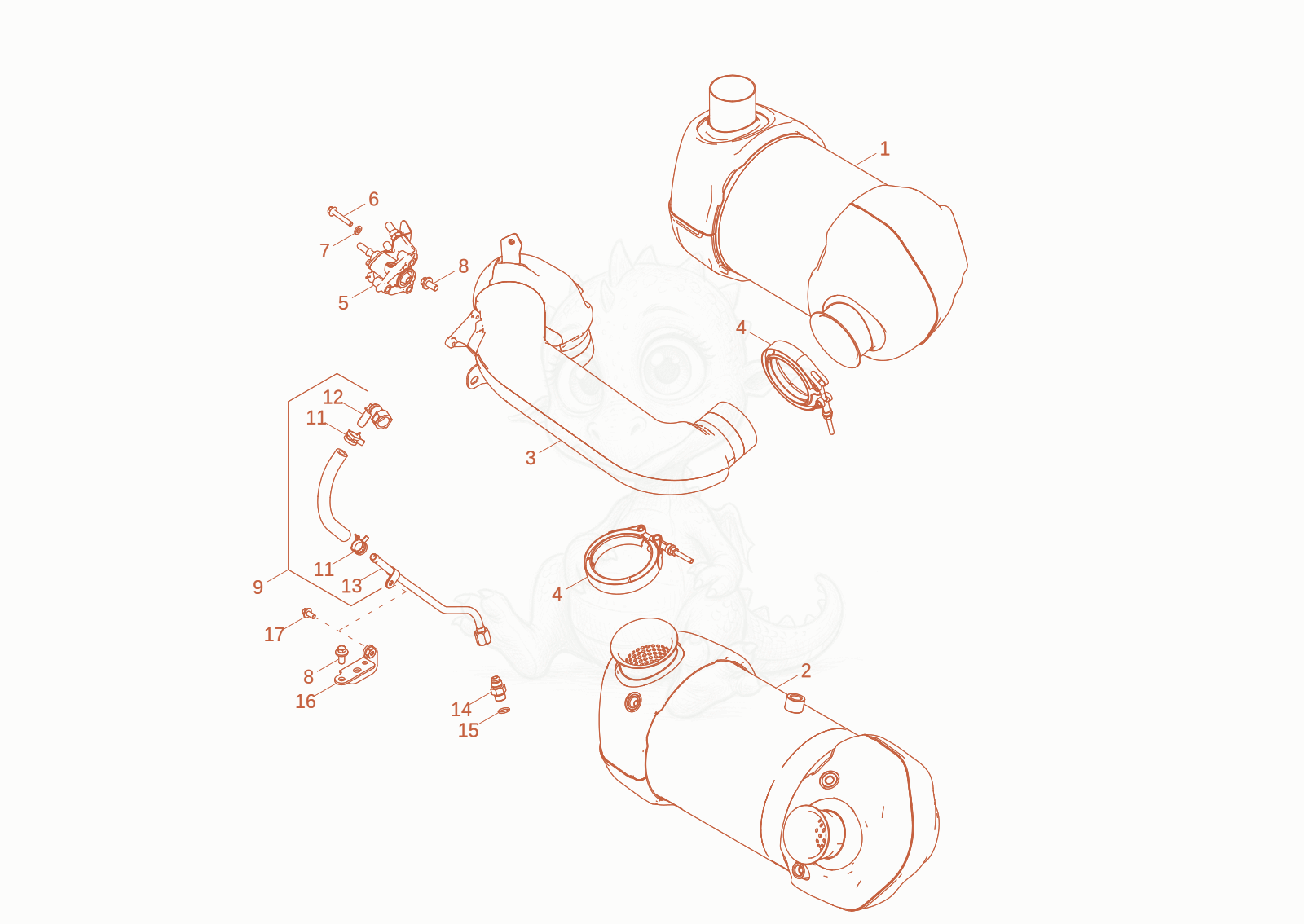 Exploded parts diagram of the exhaust components of a Wacker Neuson EW100-2, with numbered balloons