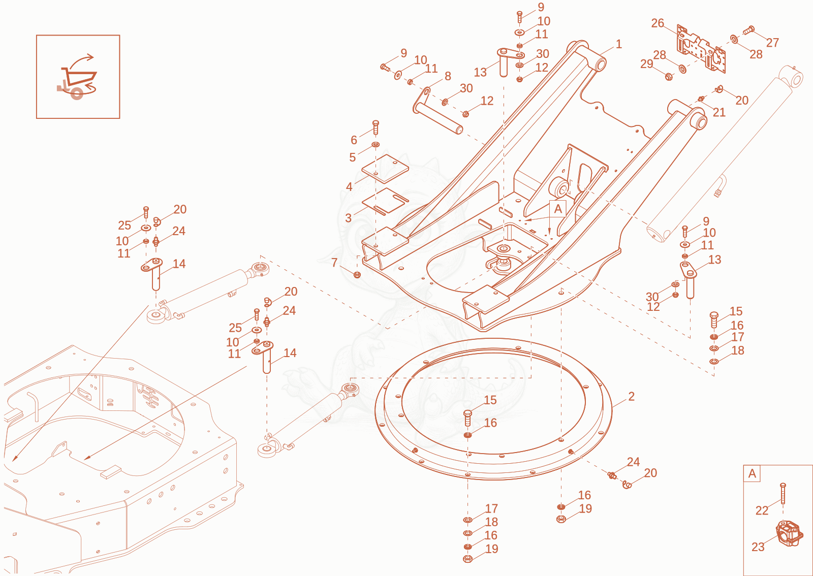 Exploded parts diagram of the SWING BRACKET of a Wacker Neuson DW20-2, with numbered balloons