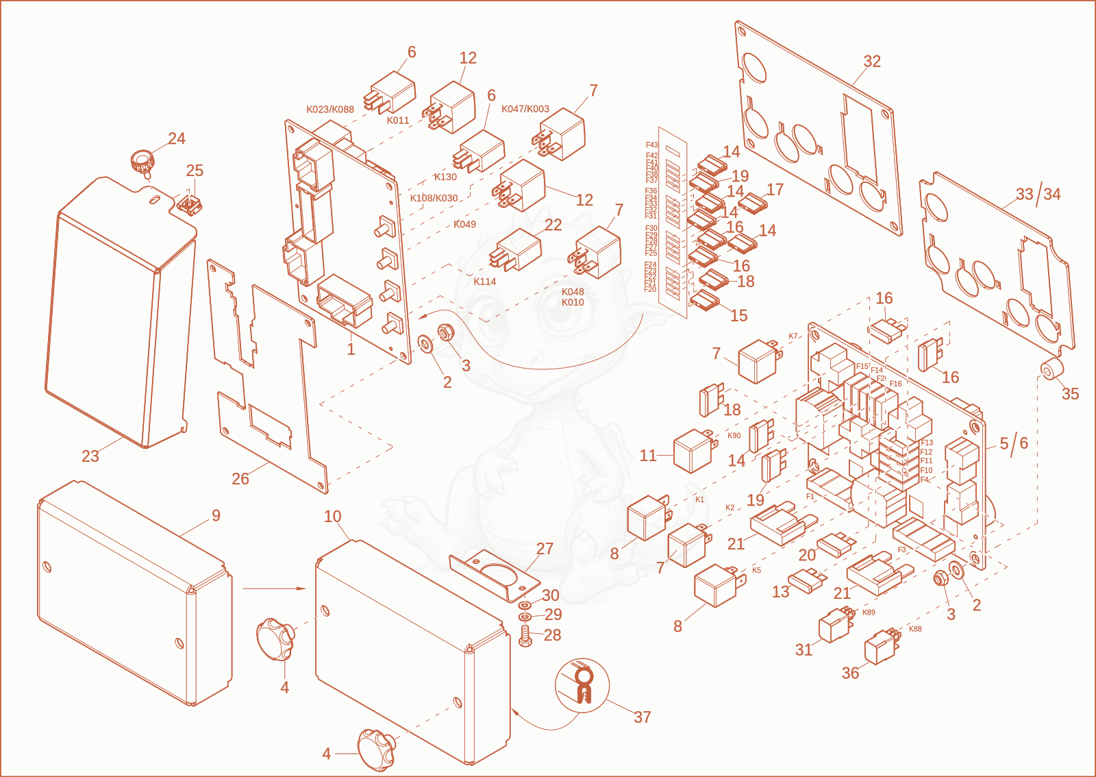 Exploded parts diagram of the relay case of a Wacker Neuson EZ80, with numbered balloons