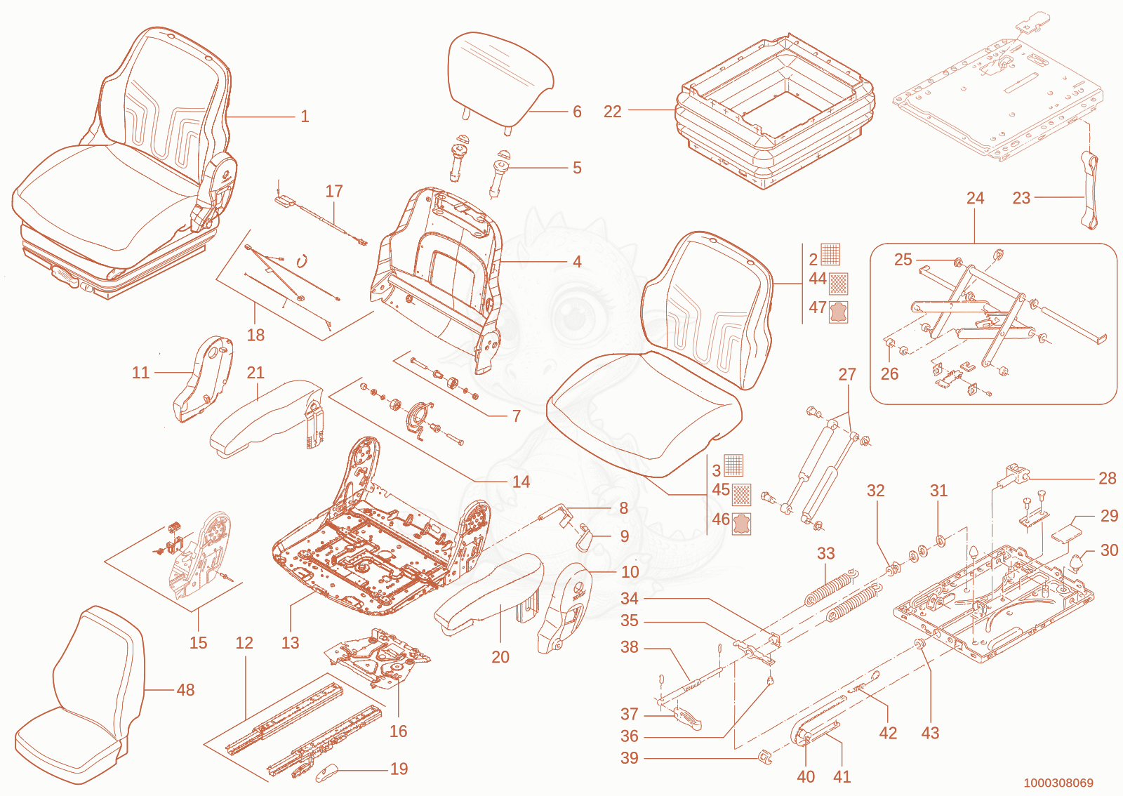 Exploded parts diagram of the drivers seat of a Wacker Neuson TH730(415-04), with numbered balloons