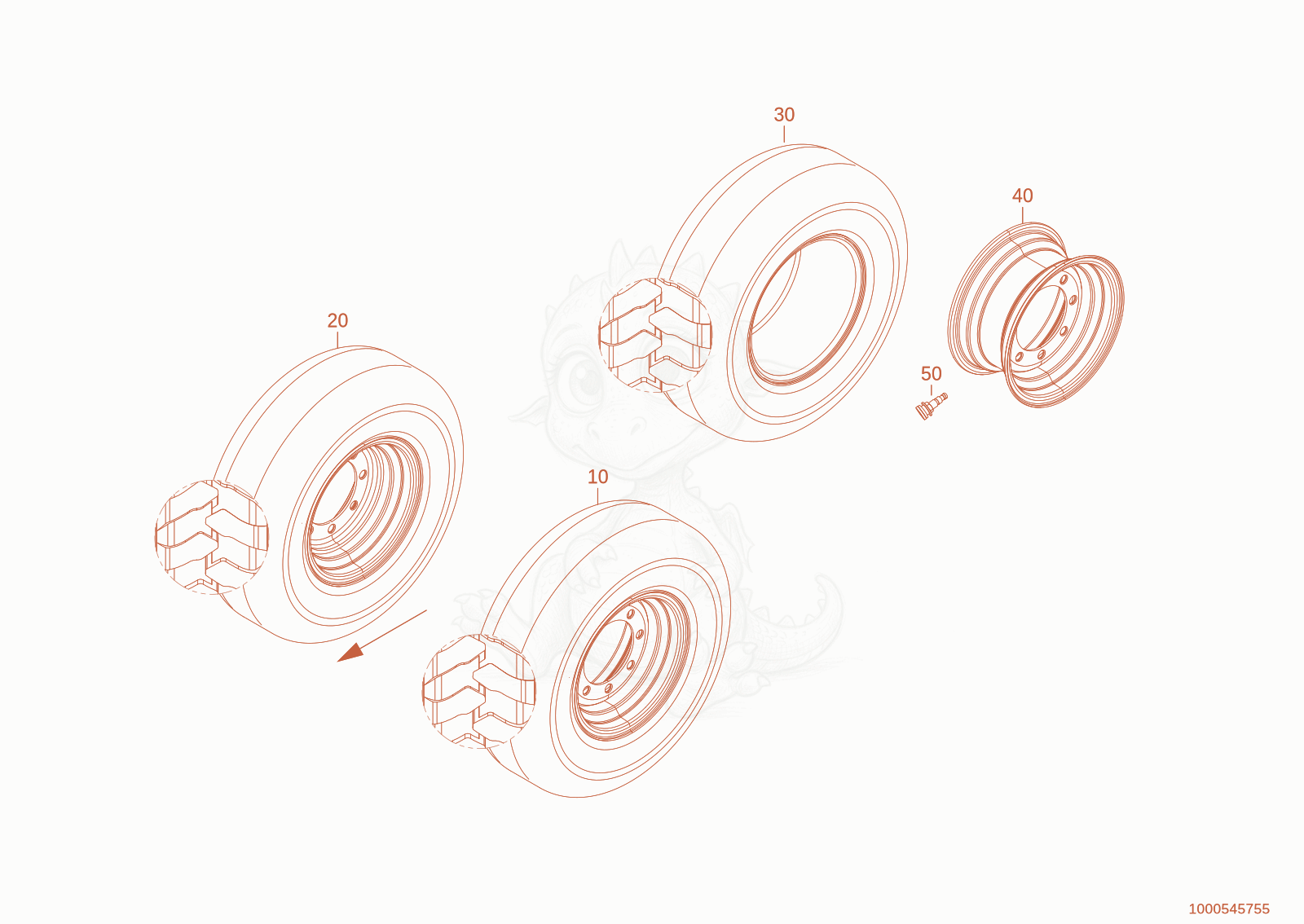 Exploded parts diagram of the wheel 12.0/75-18 ET 0 of a Wacker Neuson TH625(T06-01), with numbered balloons