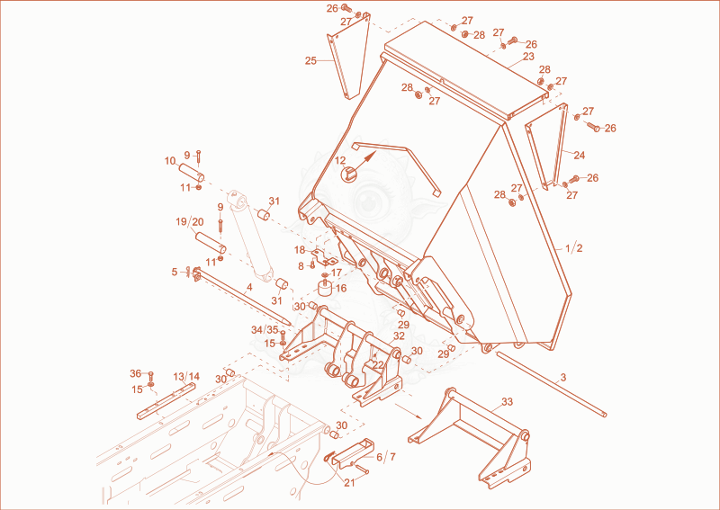 Exploded parts diagram of the BUCKET 1 of a Wacker Neuson DT12, with numbered balloons