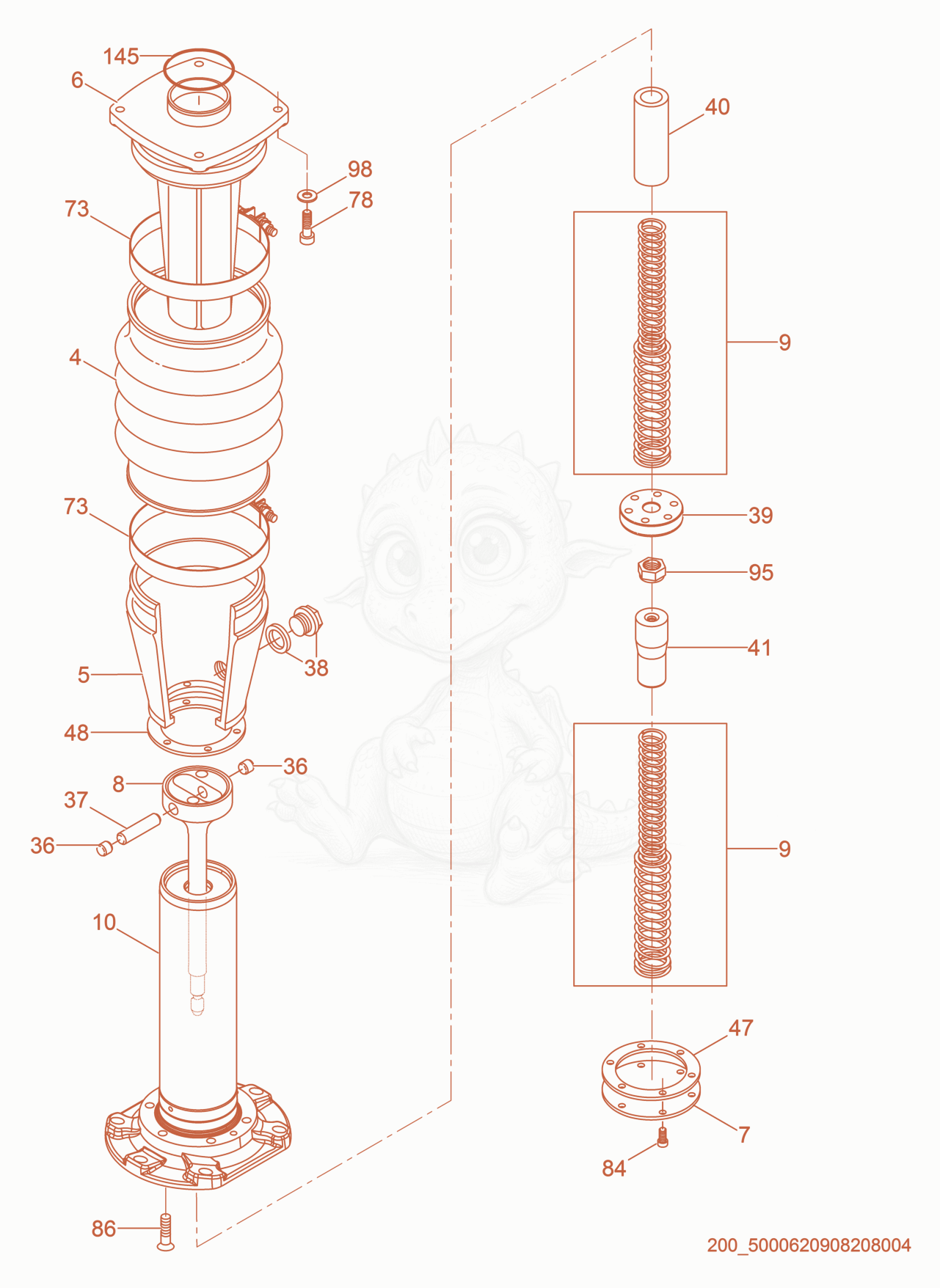 Despiece del Guide Cylinder cpl. de una máquina Wacker Neuson BS50-4S, con globos numerados