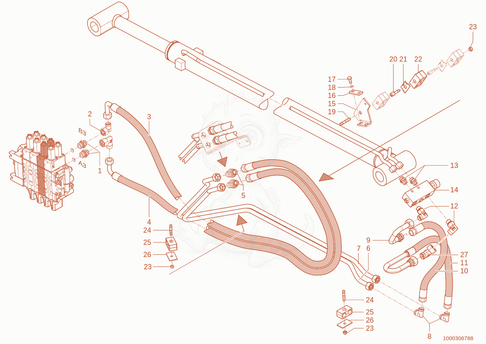 Exploded parts diagram of the Extension cylinder circuit of a Wacker Neuson TH955(416-16), with numbered balloons