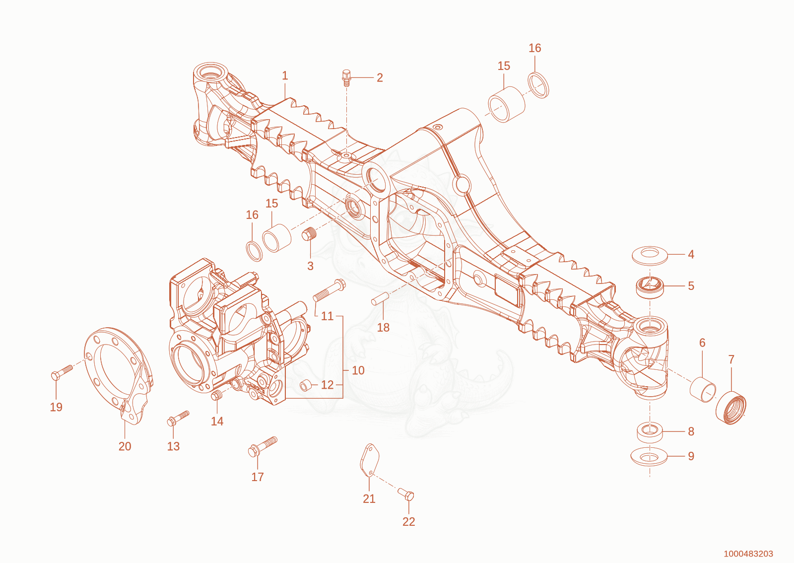 Exploded parts diagram of the Rear axle individual parts of a Wacker Neuson TH627(418-22), with numbered balloons