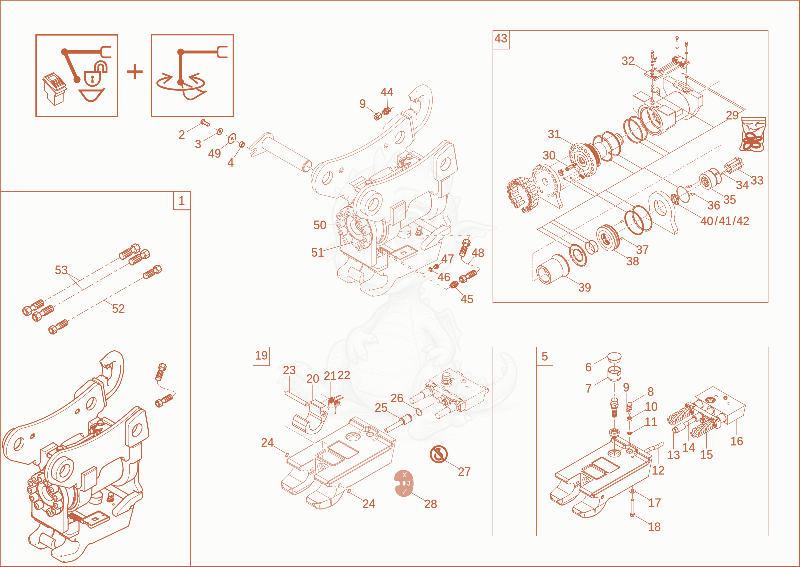 Exploded parts diagram of the quick hitch (option) of a Wacker Neuson EW65, with numbered balloons