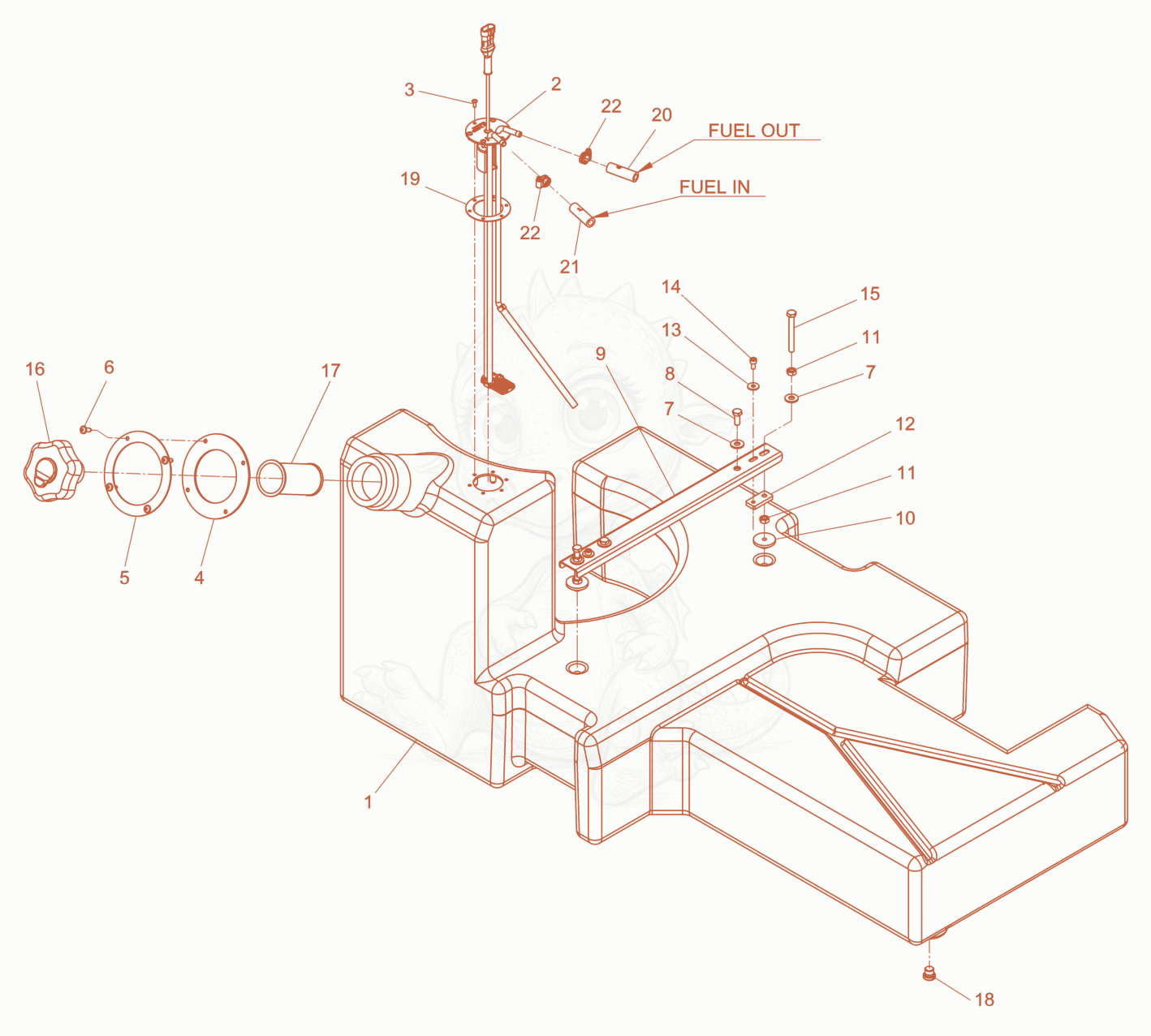 Exploded parts diagram of the Fuel tank of a Wacker Neuson LTN4Y, with numbered balloons
