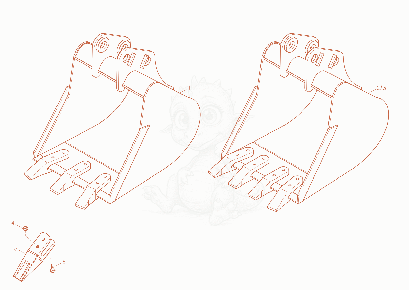 Exploded parts diagram of the bucket of a Wacker Neuson EZ17-2, with numbered balloons