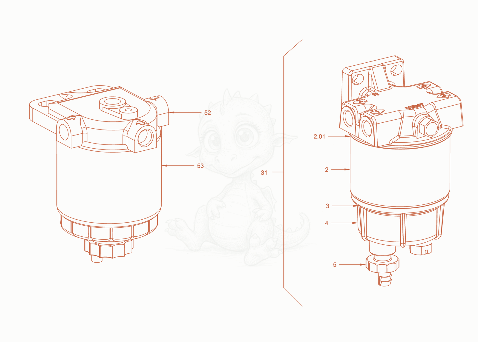 Exploded parts diagram of the fuel filter of a Wacker Neuson RD24-100CUS, with numbered balloons