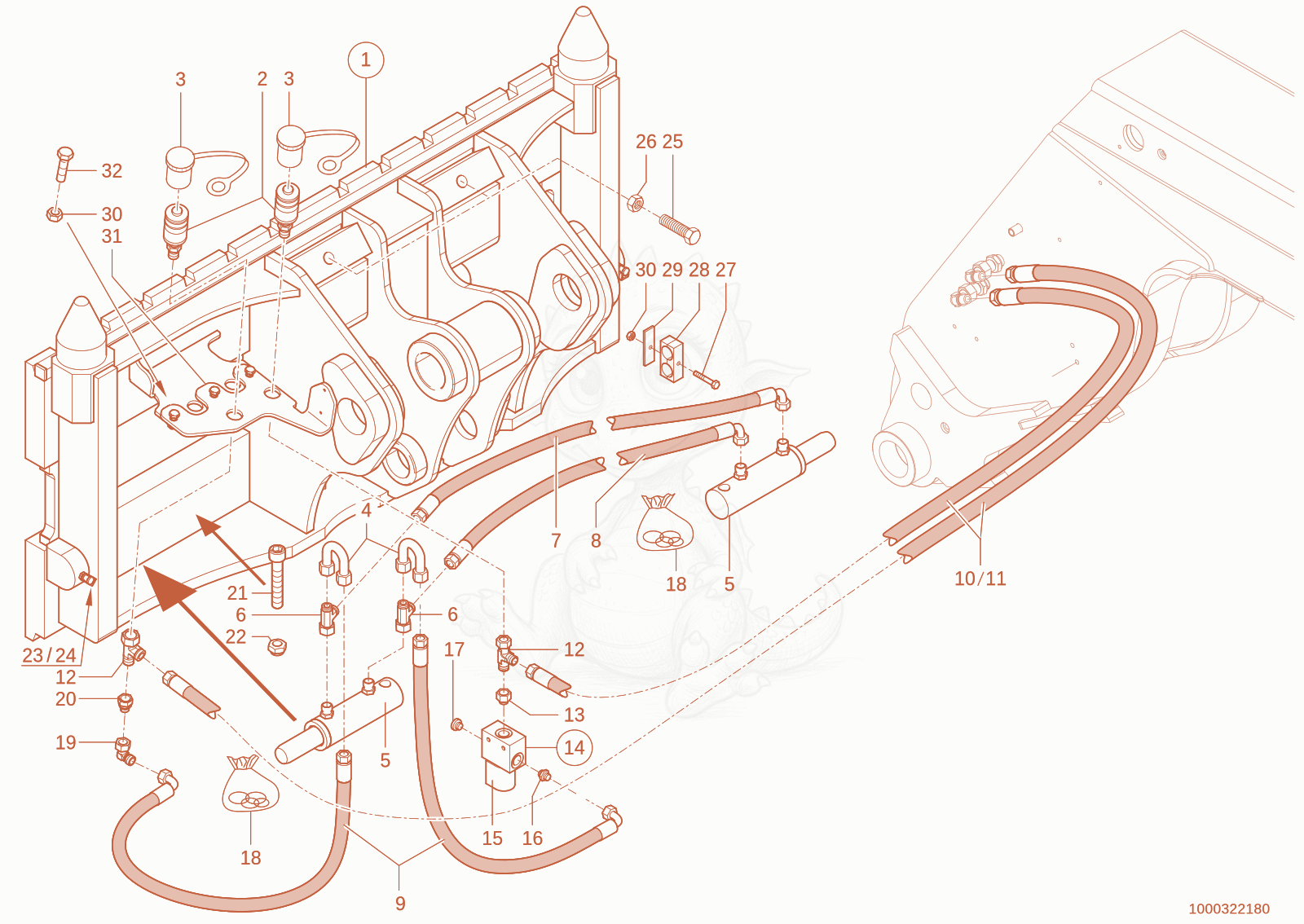 Exploded parts diagram of the quickhitch plate of a Wacker Neuson TH735(415-06), with numbered balloons