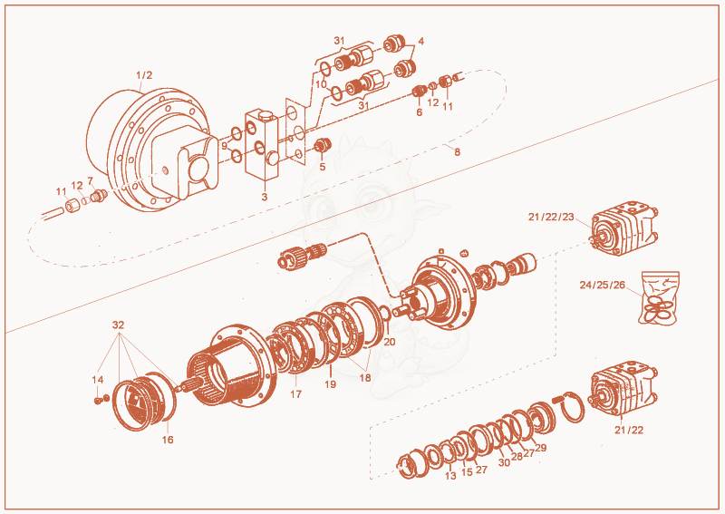 Exploded parts diagram of the drive unit of a Wacker Neuson 2202RD, with numbered balloons