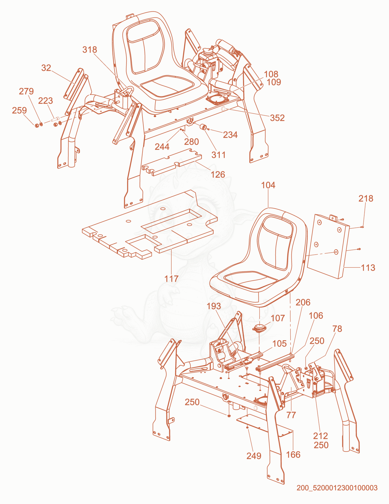 Exploded parts diagram of the Seat Assembly of a Wacker Neuson CRT60-74L, with numbered balloons