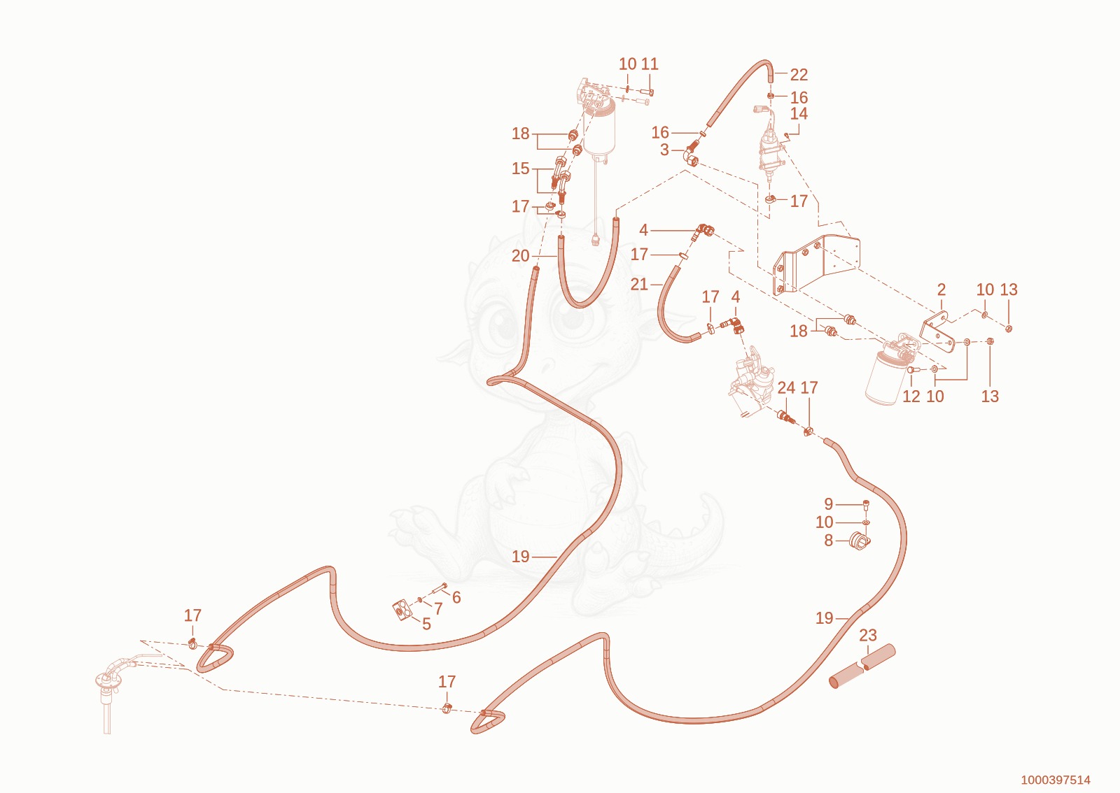 Exploded parts diagram of the fuel system of a Wacker Neuson WL38, with numbered balloons