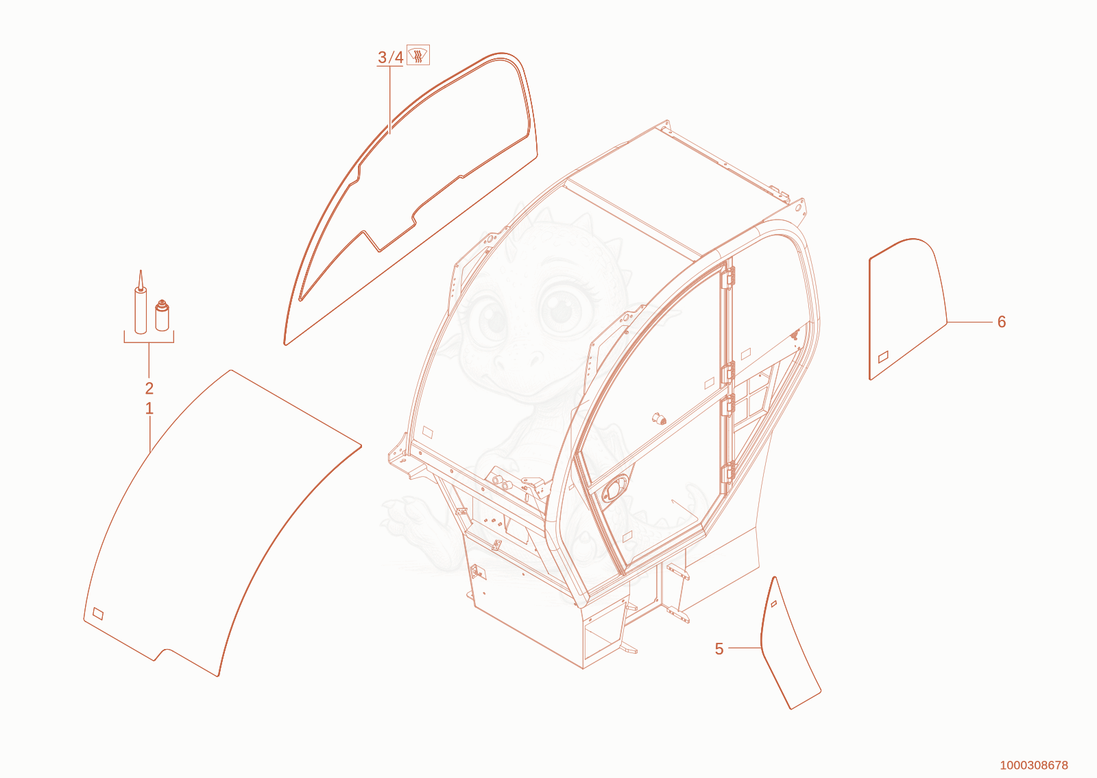 Exploded parts diagram of the Cab windows of a Wacker Neuson TH735(415-06), with numbered balloons