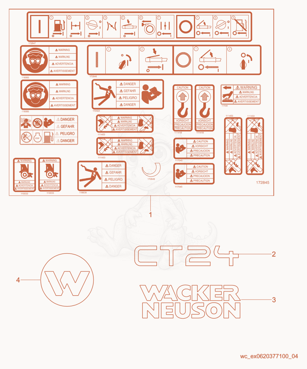 Exploded parts diagram of the Labels of a Wacker Neuson CT24-230E, with numbered balloons