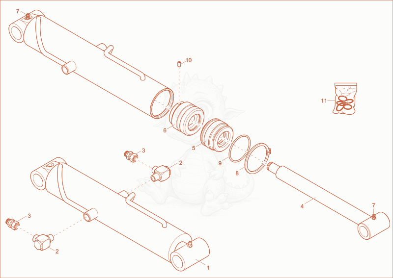 Exploded parts diagram of the tilt ram of a Wacker Neuson 1001, with numbered balloons
