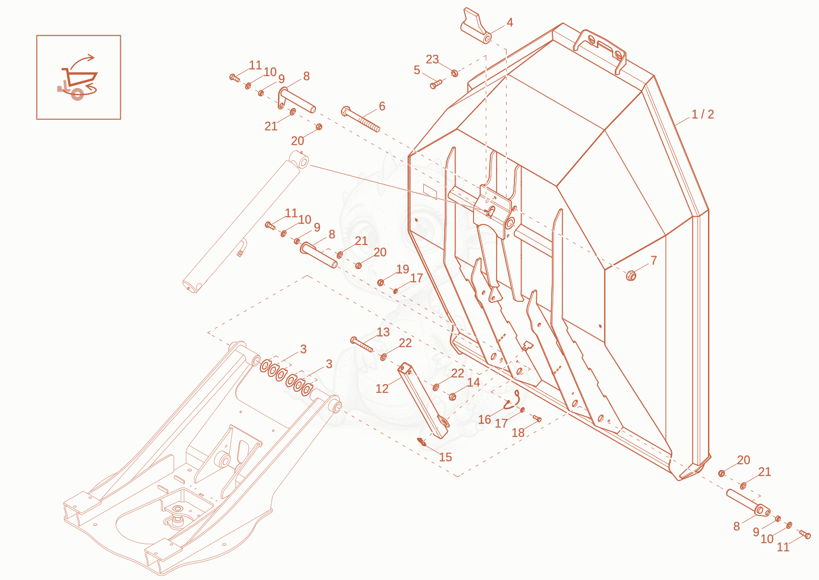 Exploded parts diagram of the skip of a Wacker Neuson DW20-2, with numbered balloons