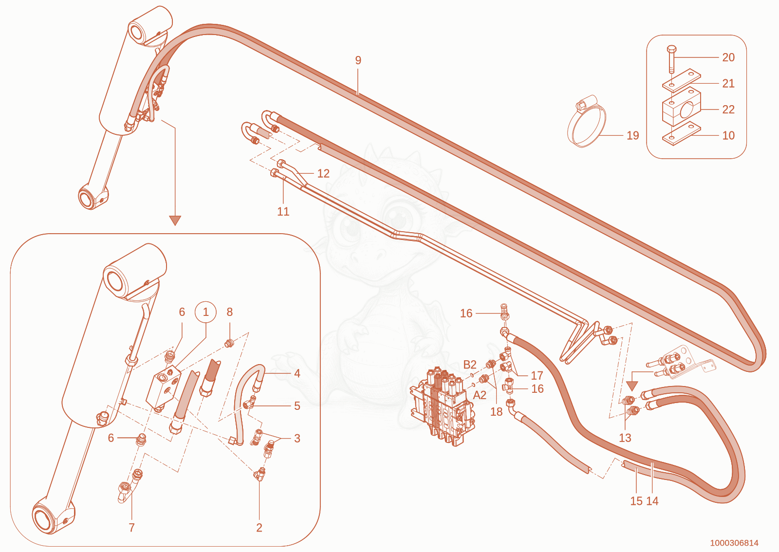 Exploded parts diagram of the Tilt cylinder circuit of a Wacker Neuson TH955(416-06), with numbered balloons
