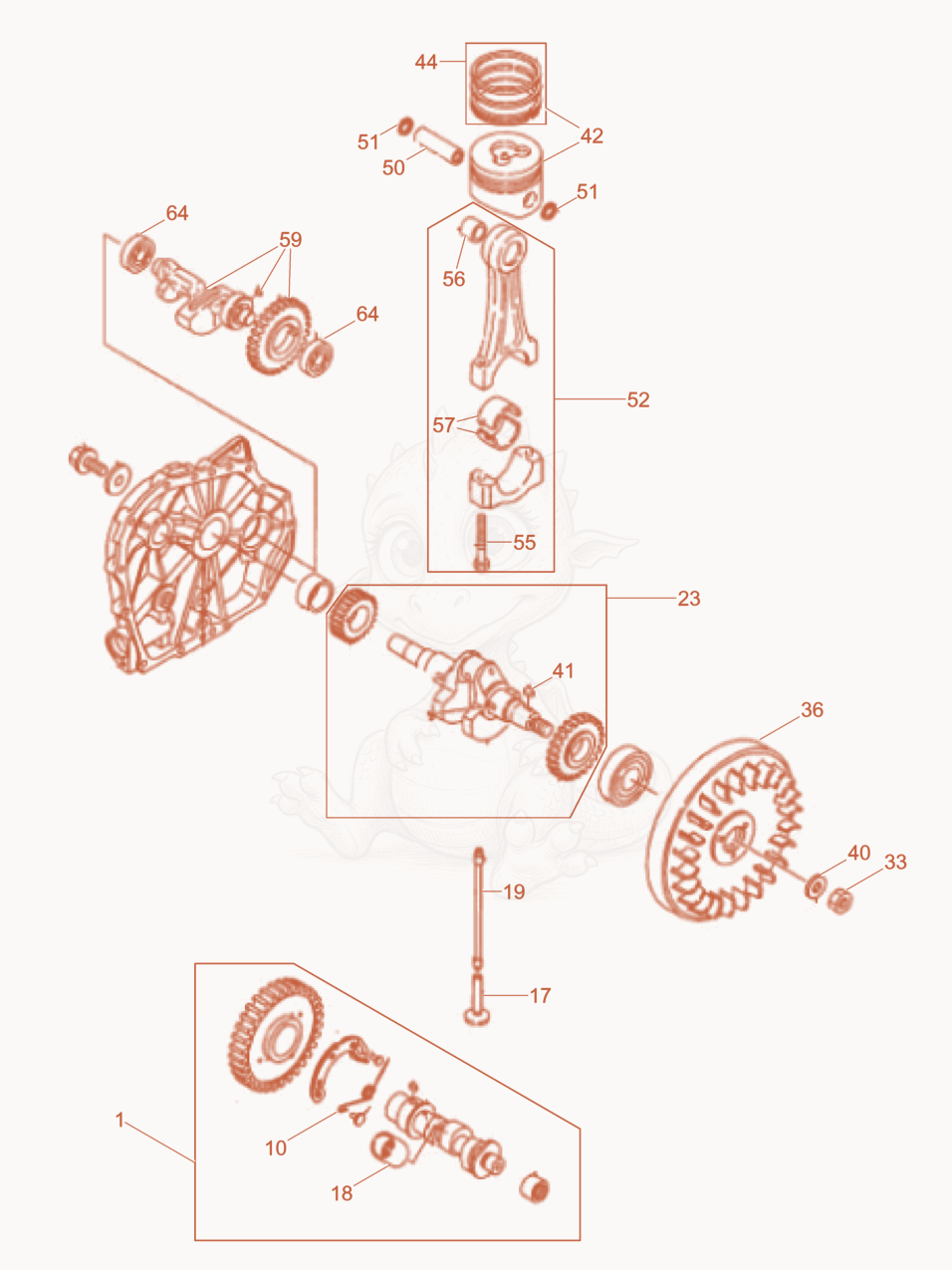 Exploded parts diagram of the Crankshaft-Camshaft-Piston of a Wacker Neuson DS70Y13IN, with numbered balloons