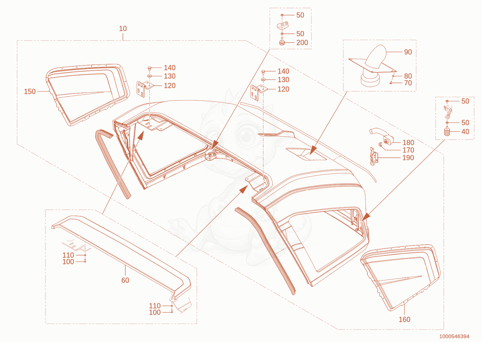 Exploded parts diagram of the engine hood of a Wacker Neuson WL950(A05-01), with numbered balloons