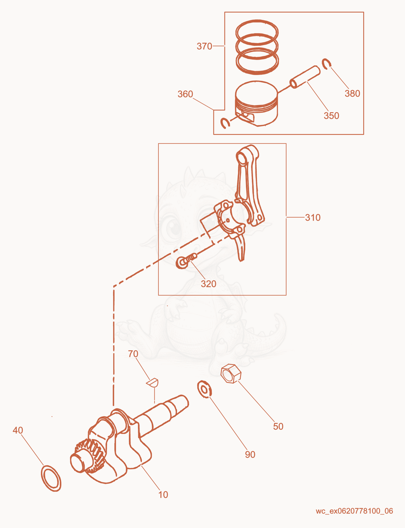 Despiece del Piston/Crankshaft de una máquina Wacker Neuson GPI1700, con globos numerados
