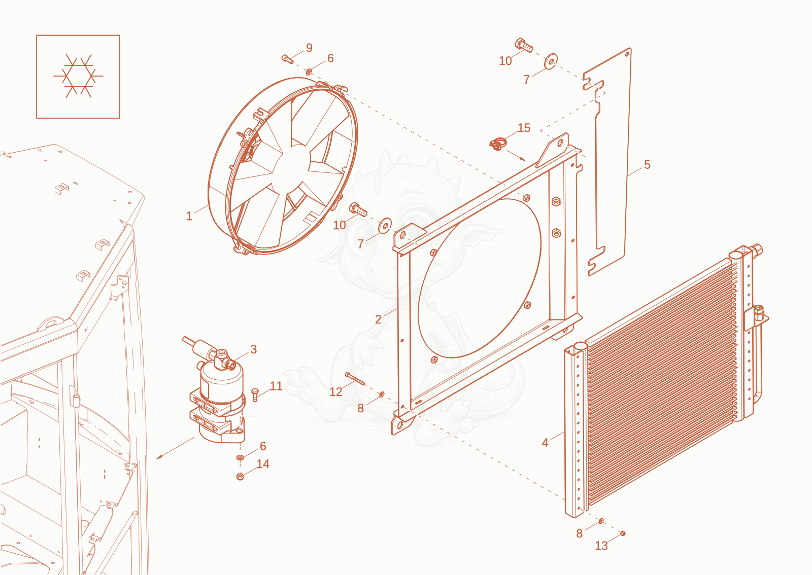 Exploded parts diagram of the COOLER (option) of a Wacker Neuson DV45, with numbered balloons