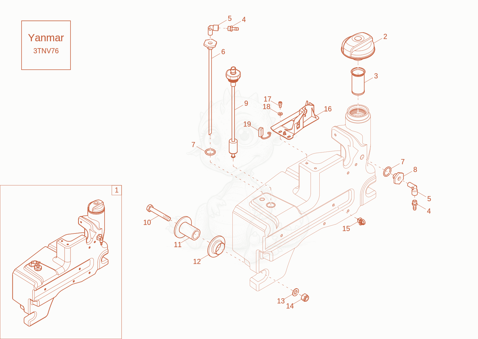 Exploded parts diagram of the fuel tank of a Wacker Neuson DW15, with numbered balloons
