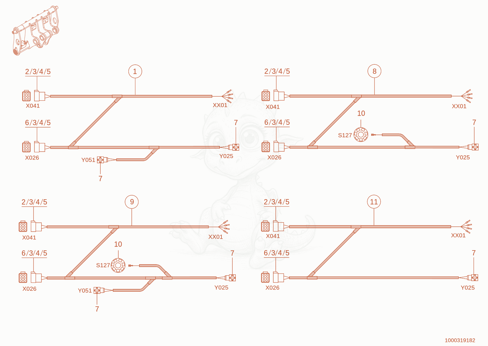 Exploded parts diagram of the Quickhitch facility wiring harnesses of a Wacker Neuson TH730(415-04), with numbered balloons