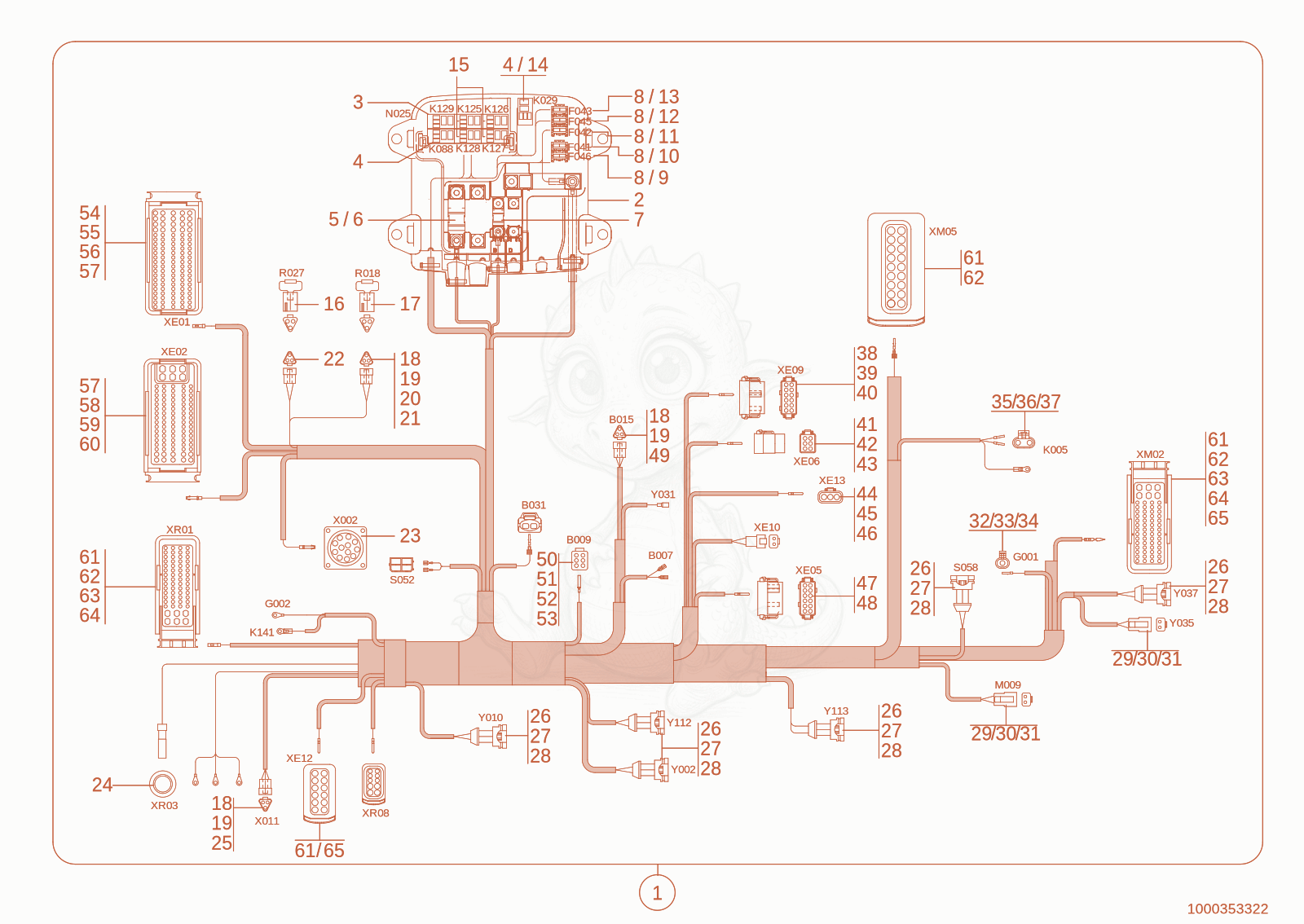 Exploded parts diagram of the wiring harness engine of a Wacker Neuson TH730(415-14), with numbered balloons