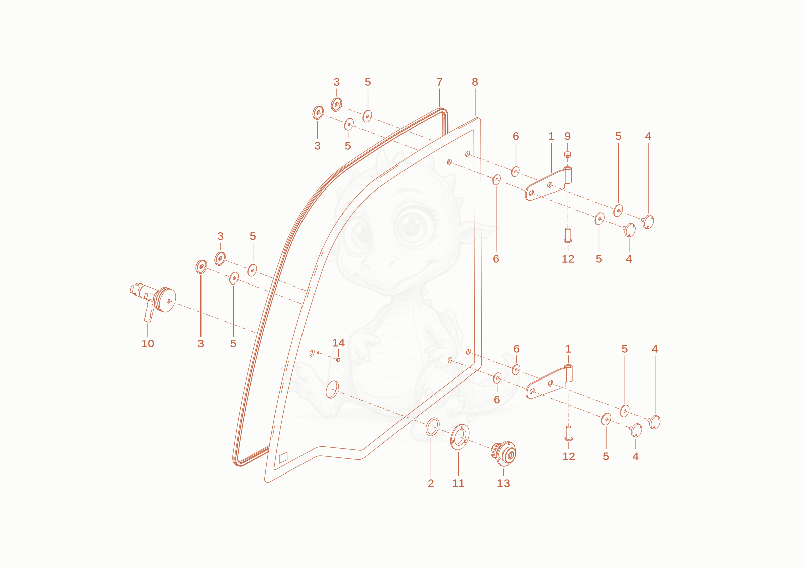 Exploded parts diagram of the door window of a Wacker Neuson TH412(T01-01), with numbered balloons