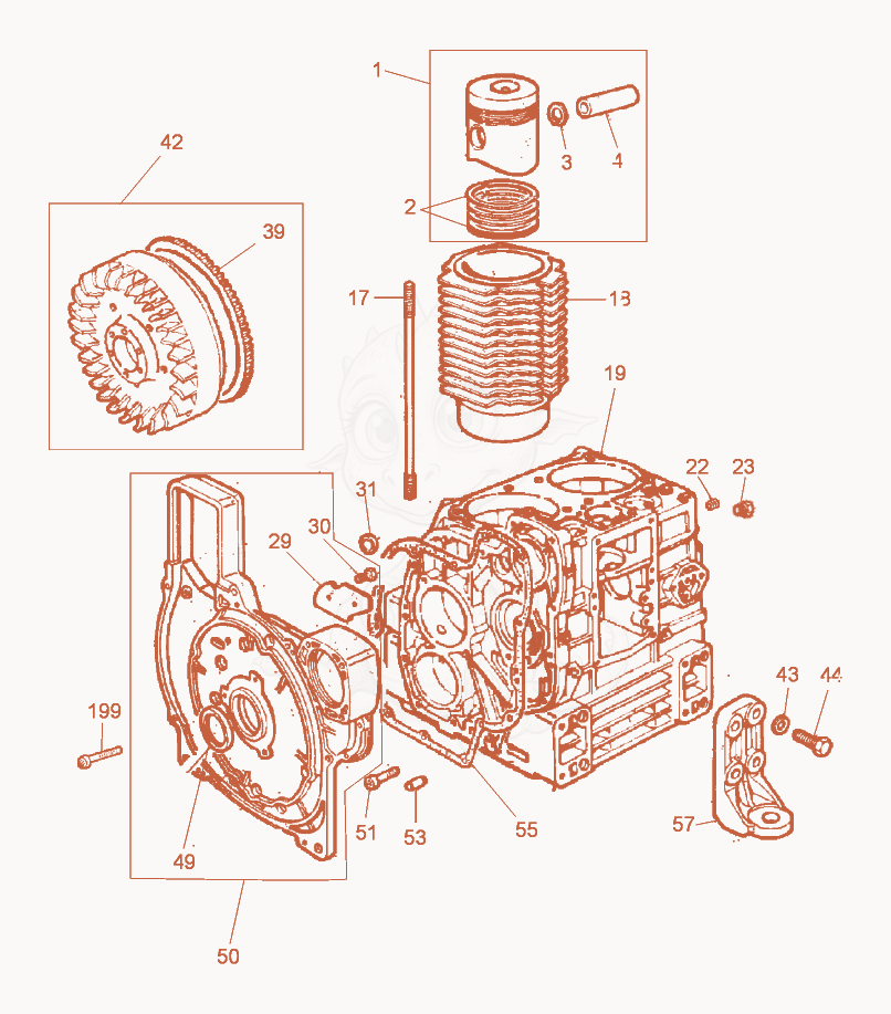 Exploded parts diagram of the Cylinder - Crankcase - Fly wheel of a Wacker Neuson DPU100-70, with numbered balloons