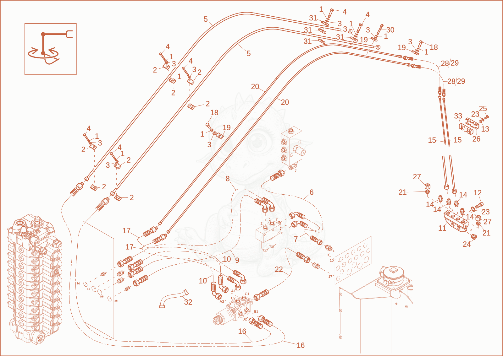 Exploded parts diagram of the Pilot circuit Powertilt (Option) of a Wacker Neuson EW65, with numbered balloons