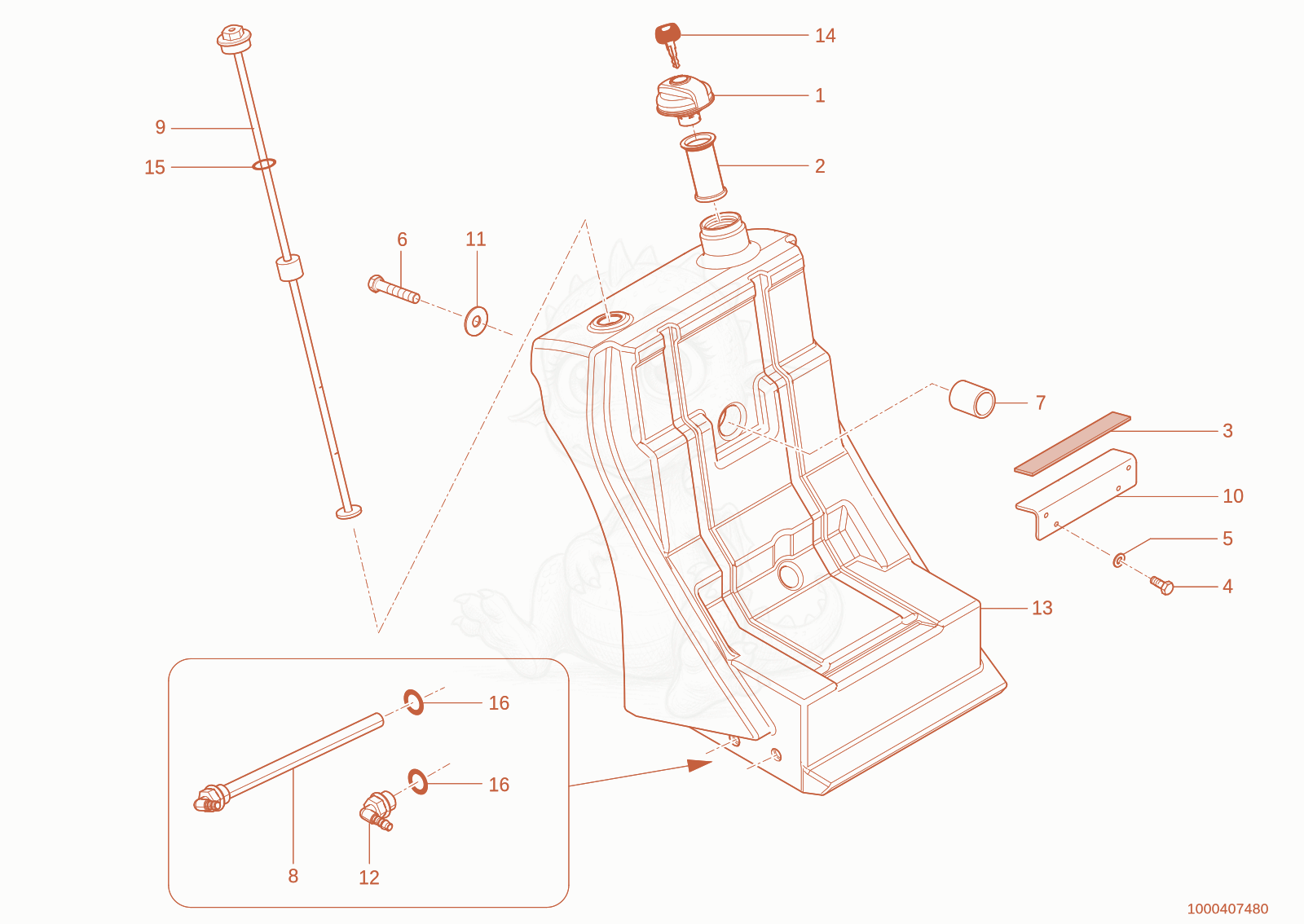 Exploded parts diagram of the fuel tank of a Wacker Neuson TH627(418-22), with numbered balloons