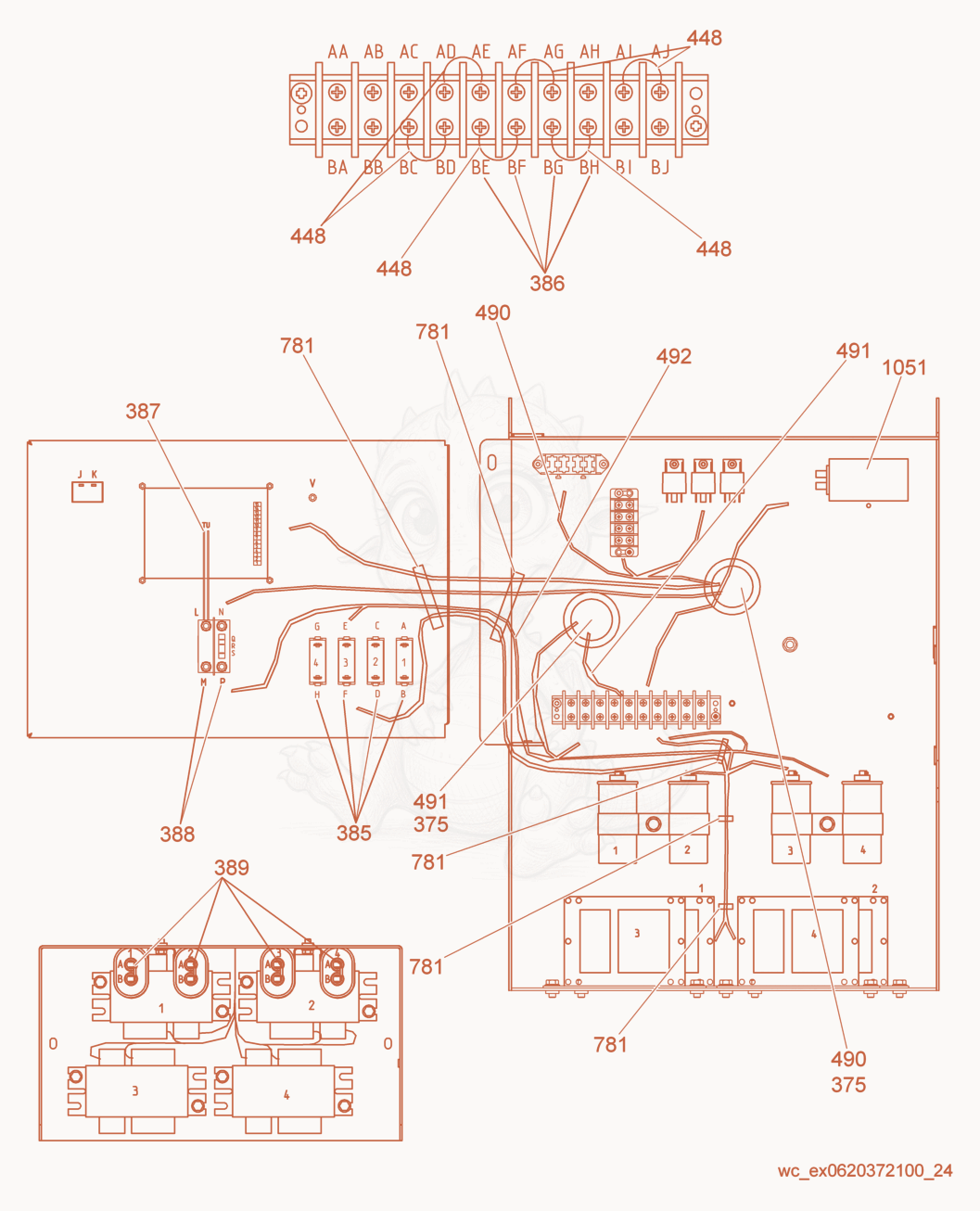 Despiece del Control Box Wiring Diagram de una máquina Wacker Neuson LTW6K, con globos numerados