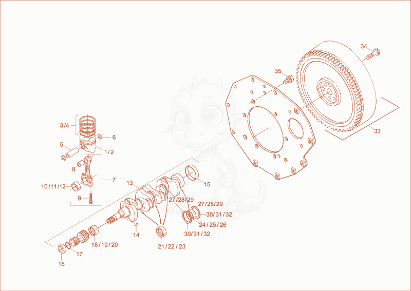 Exploded parts diagram of the crankshaft, piston of a Wacker Neuson DT23, with numbered balloons