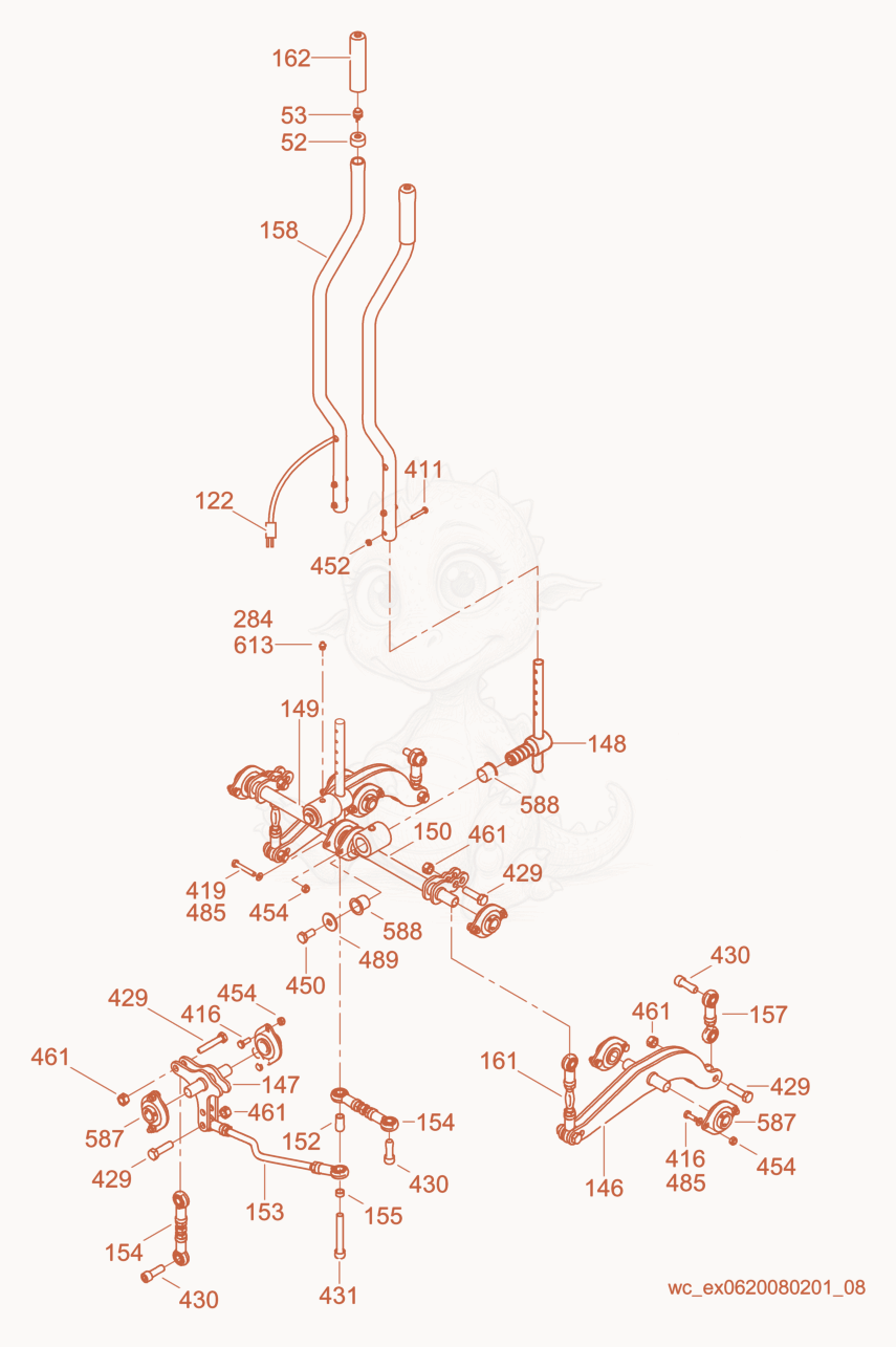 Exploded parts diagram of the Mechanical Steering of a Wacker Neuson CRT36-25, with numbered balloons
