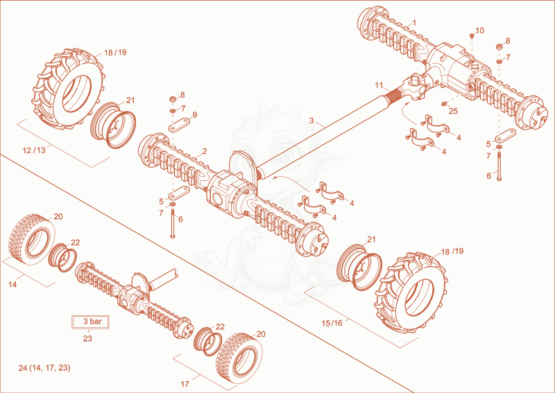 Exploded parts diagram of the Axle of a Wacker Neuson 4001, with numbered balloons
