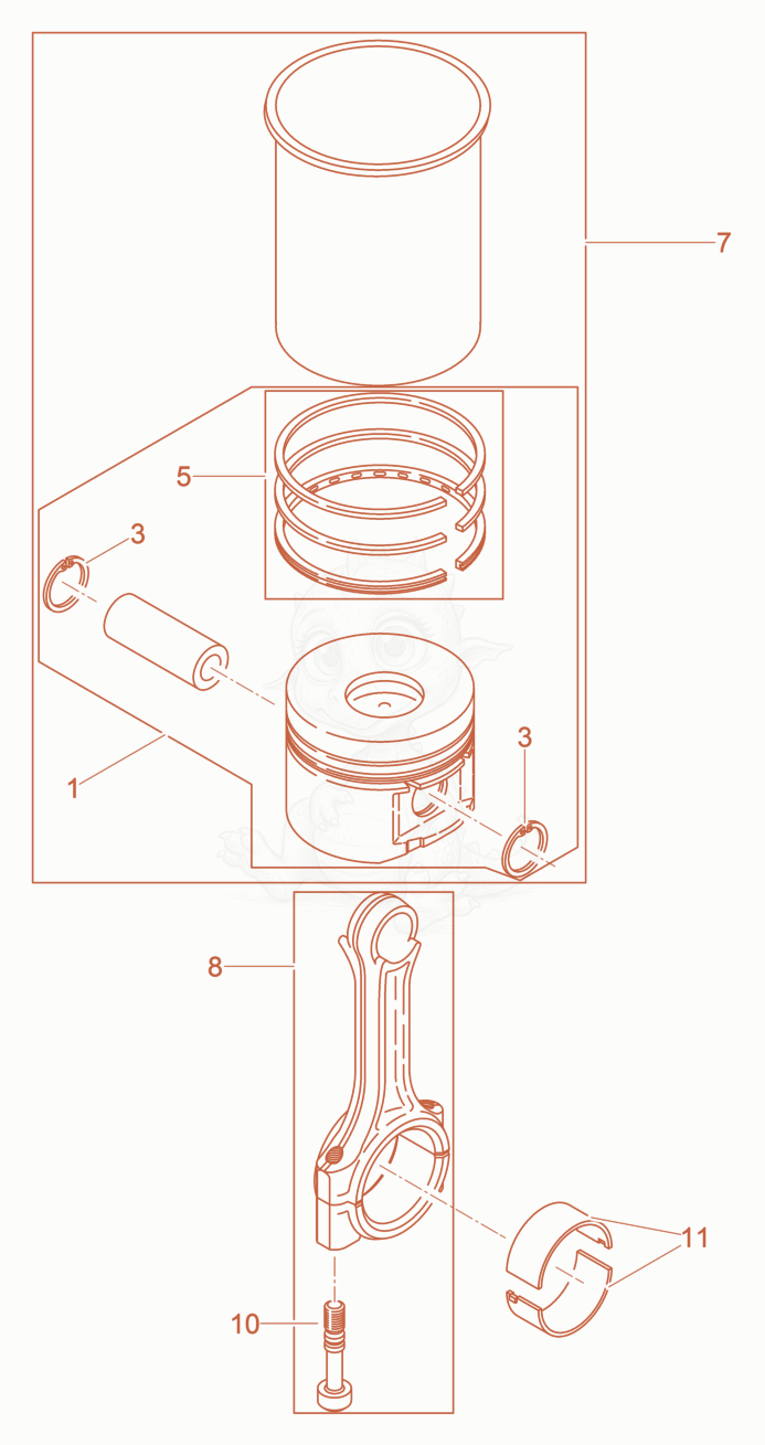 Exploded parts diagram of the Piston-Connecting Rod-Cylinder of a Wacker Neuson DPU3050HWUSARMY, with numbered balloons