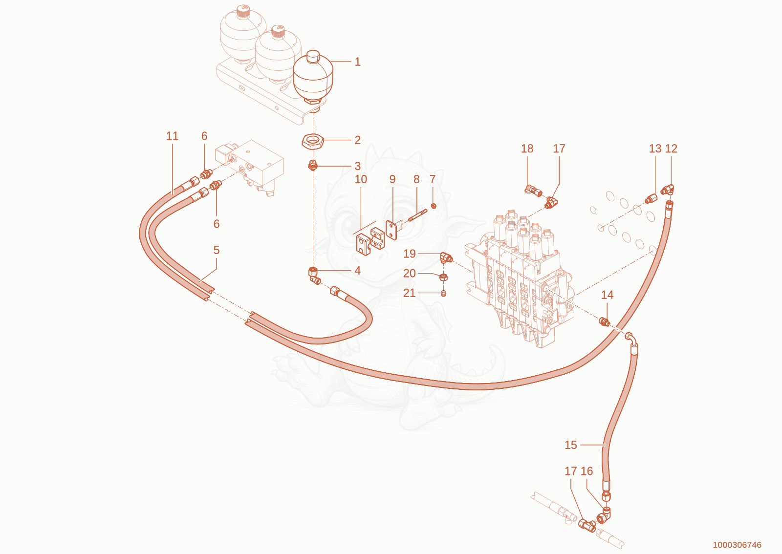 Exploded parts diagram of the Oil circulation - Control valve of a Wacker Neuson TH955(416-06), with numbered balloons