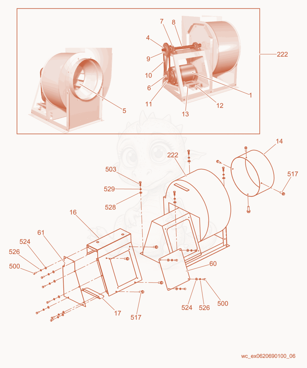Exploded parts diagram of the Blower cpl. of a Wacker Neuson HI770XHD, with numbered balloons
