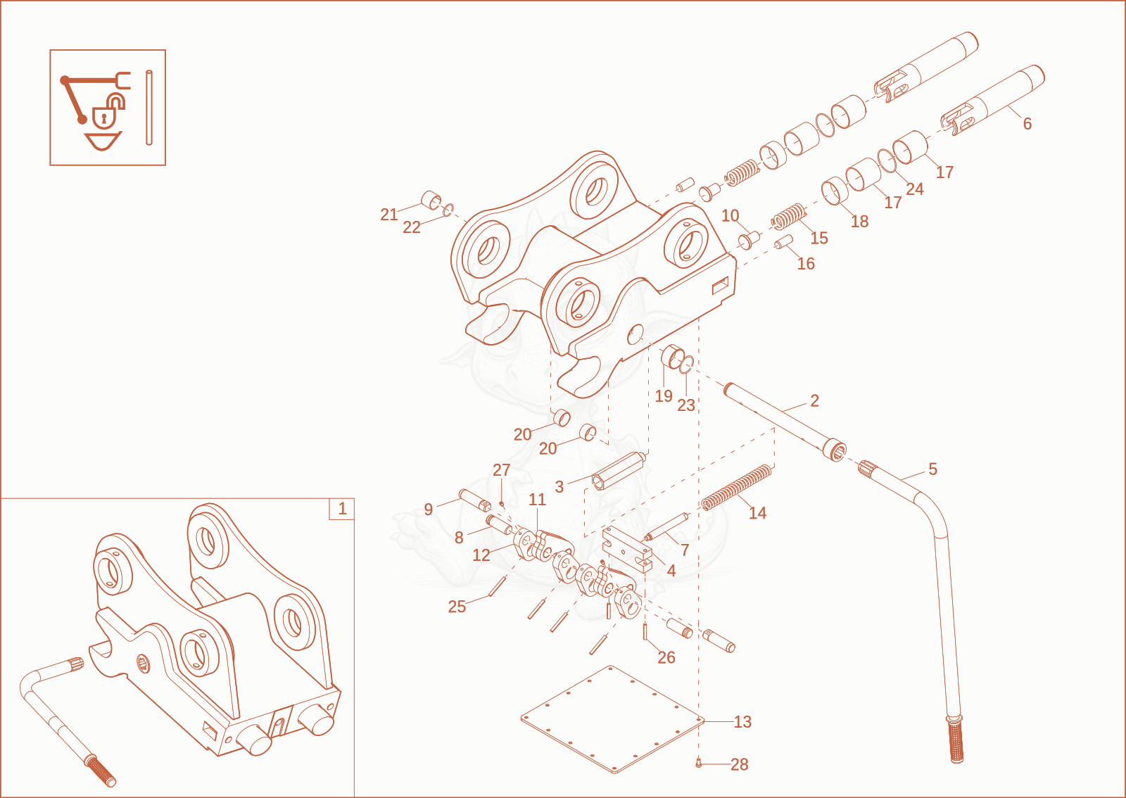 Exploded parts diagram of the quick hitch of a Wacker Neuson ET145, with numbered balloons