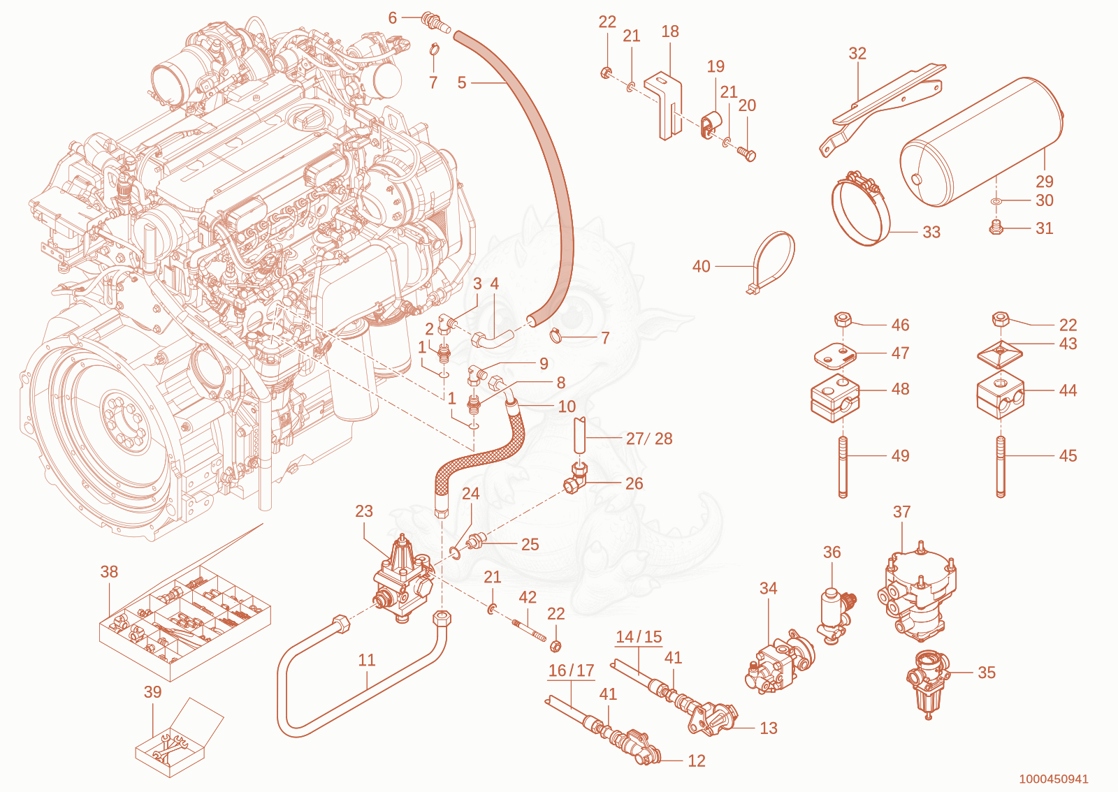 Exploded parts diagram of the Compressed air brake of a Wacker Neuson TH955(416-36), with numbered balloons
