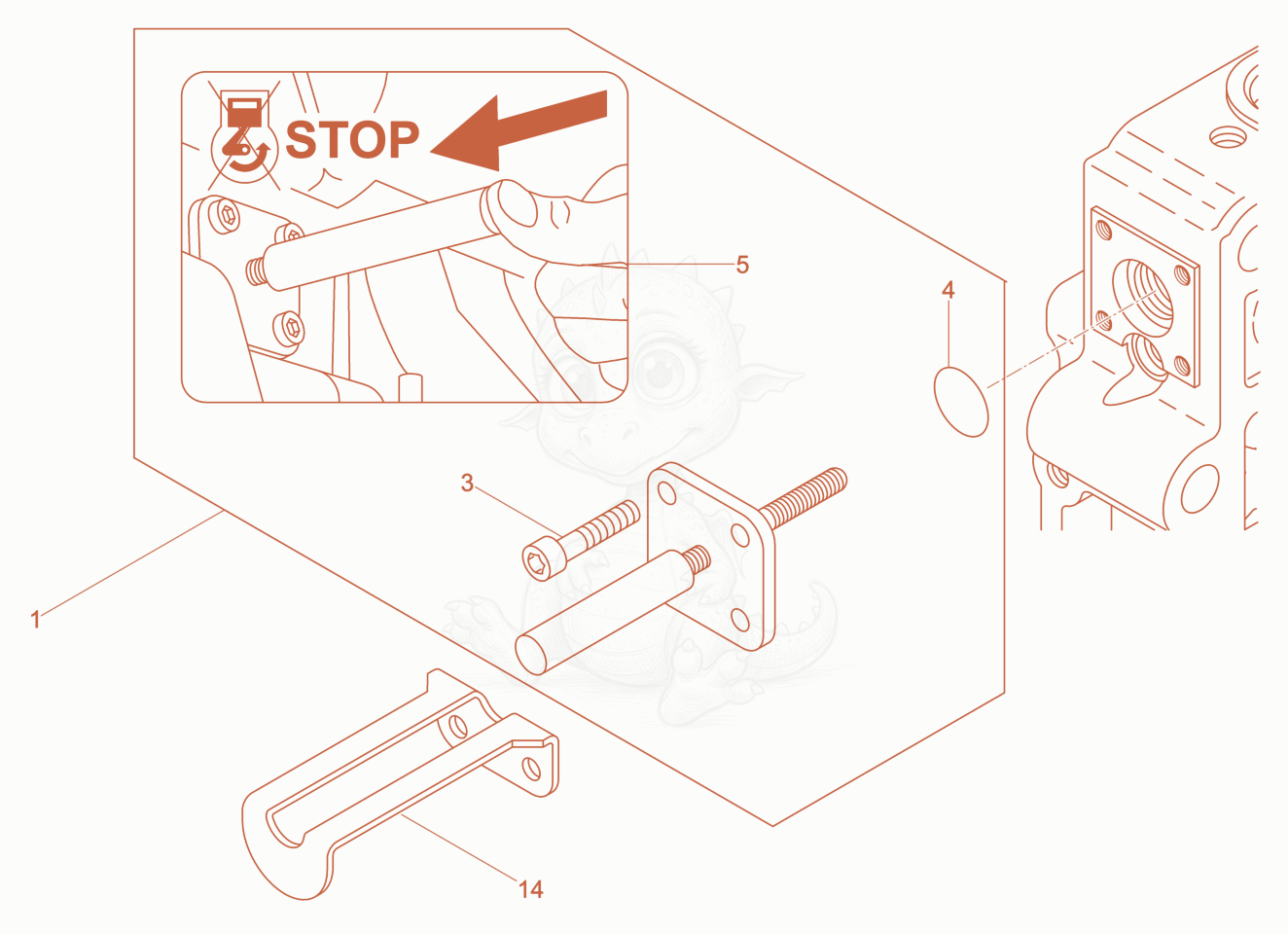 Exploded parts diagram of the Engine stop device of a Wacker Neuson XPSKMAT, with numbered balloons