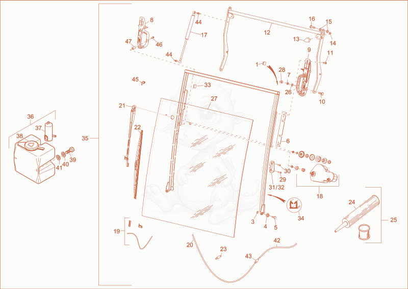Exploded parts diagram of the front window of a Wacker Neuson EZ53, with numbered balloons